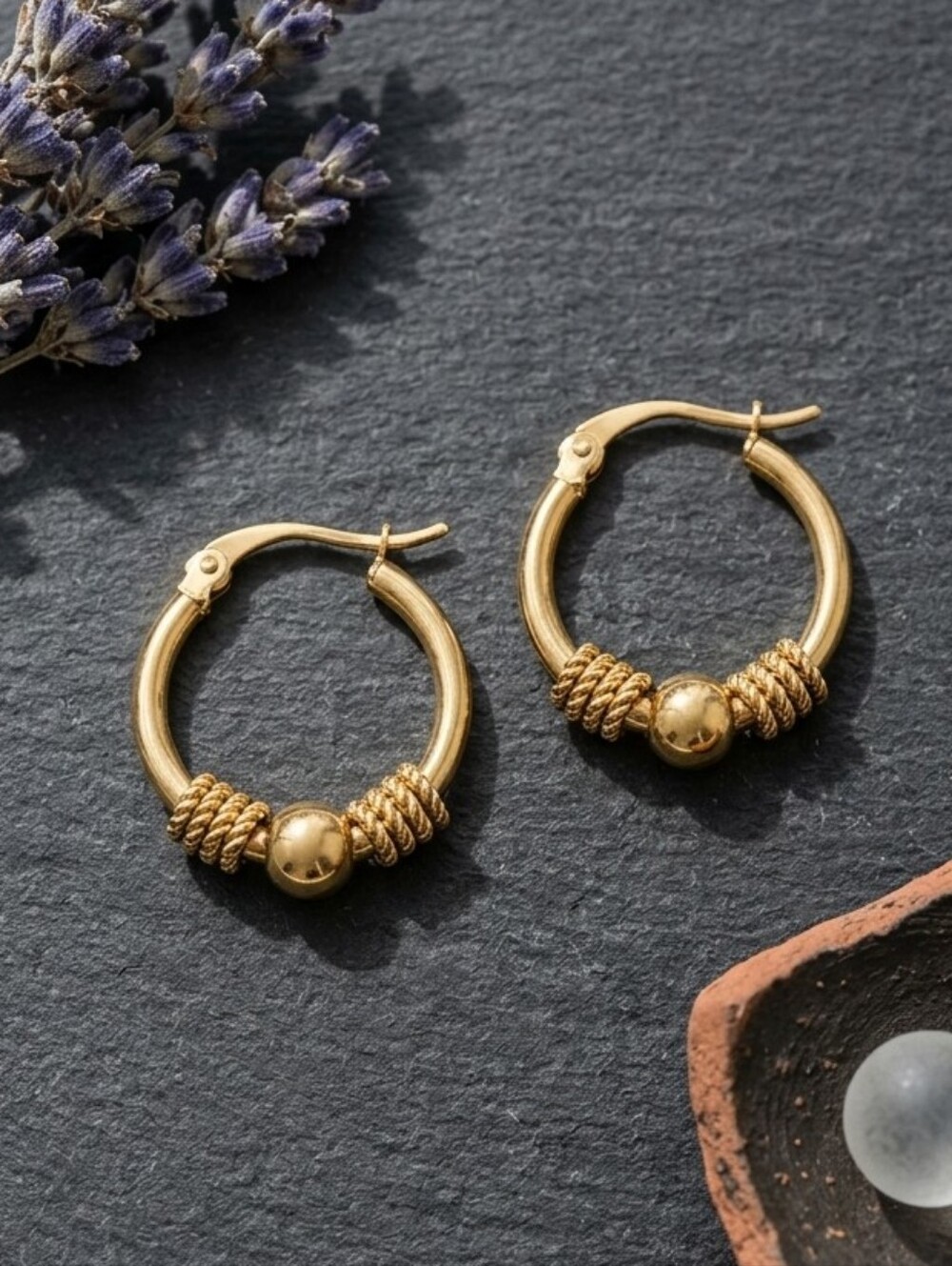 Bali Rope Knot Ball Bead Hoop Earrings 18K Gold Plated 304 Non-Tarnish Boho 0.9"